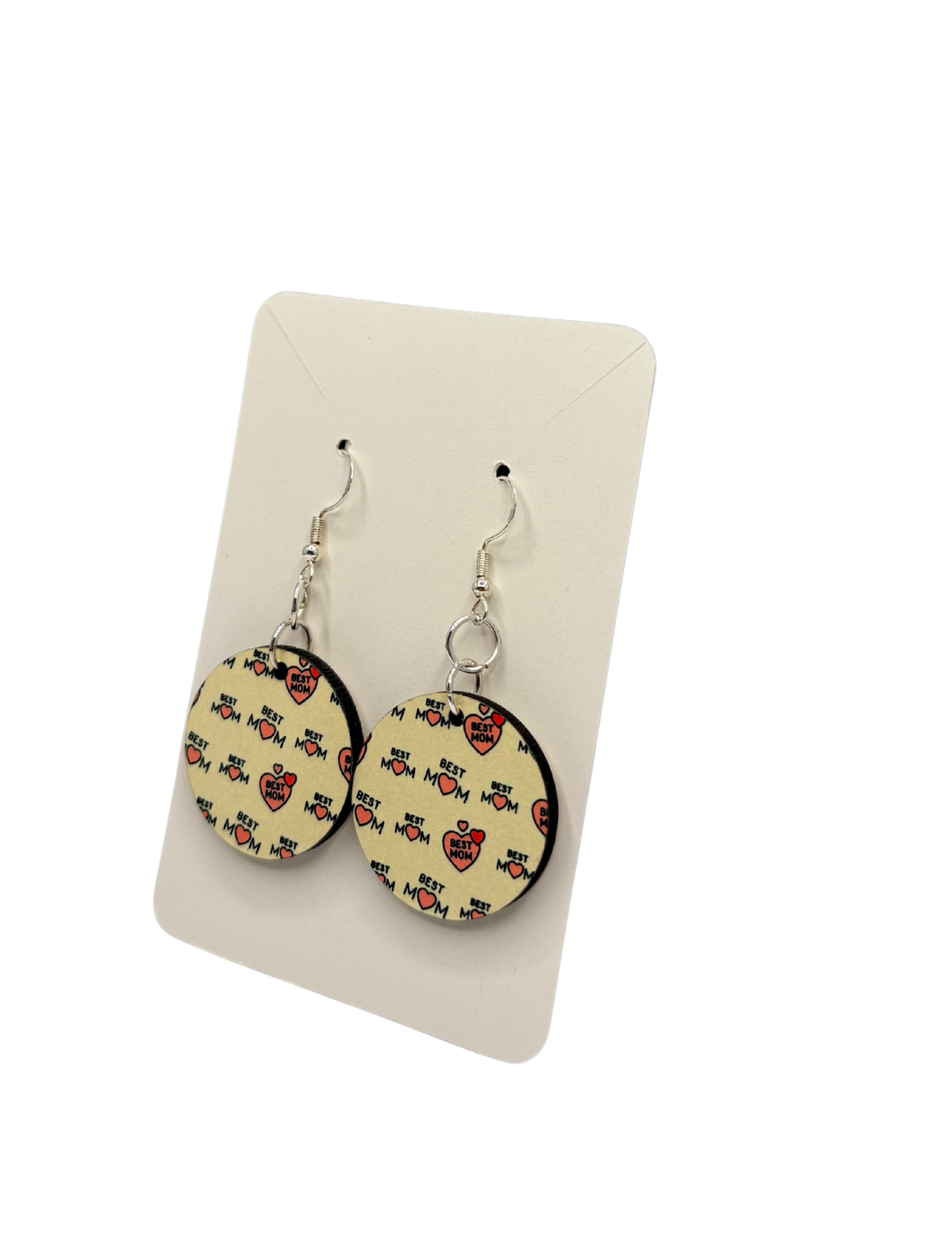 Pink and Tan Best Mom Circle Earrings