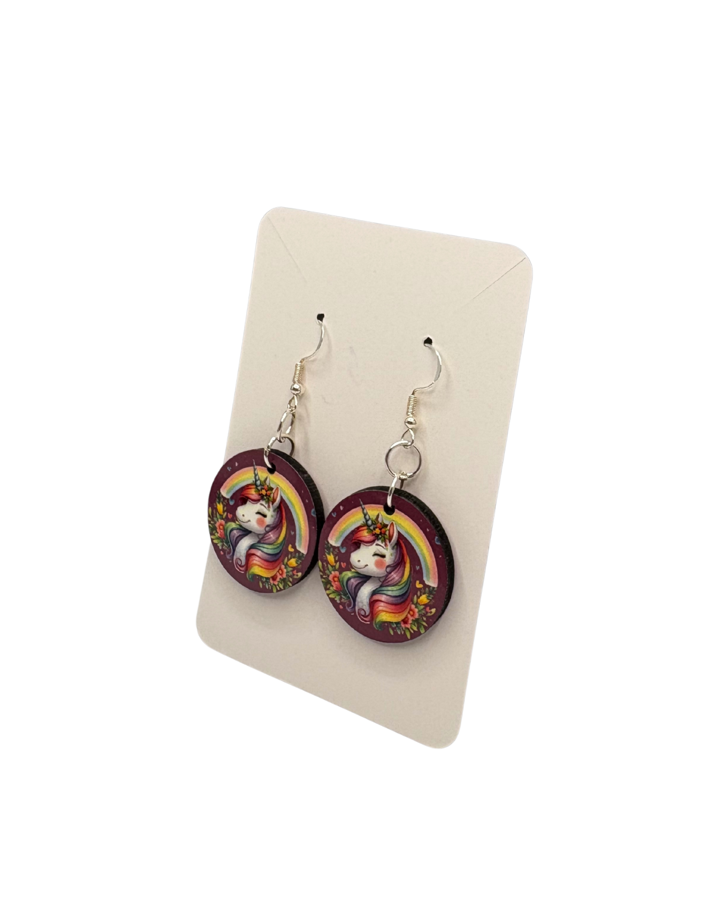 Rainbow Unicorn Circle Earrings Purple Background
