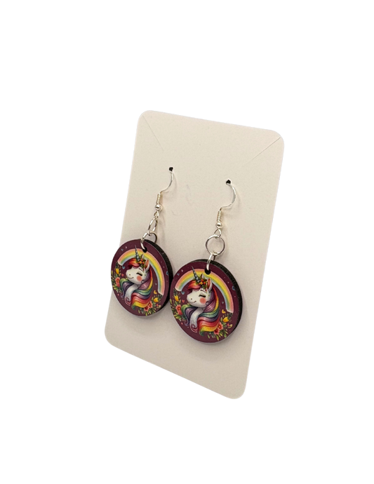 Rainbow Unicorn Circle Earrings Purple Background