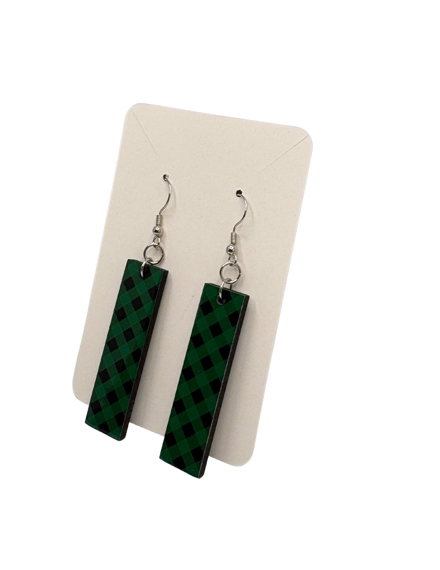 Green and Black Plaid Rectangle Earrings