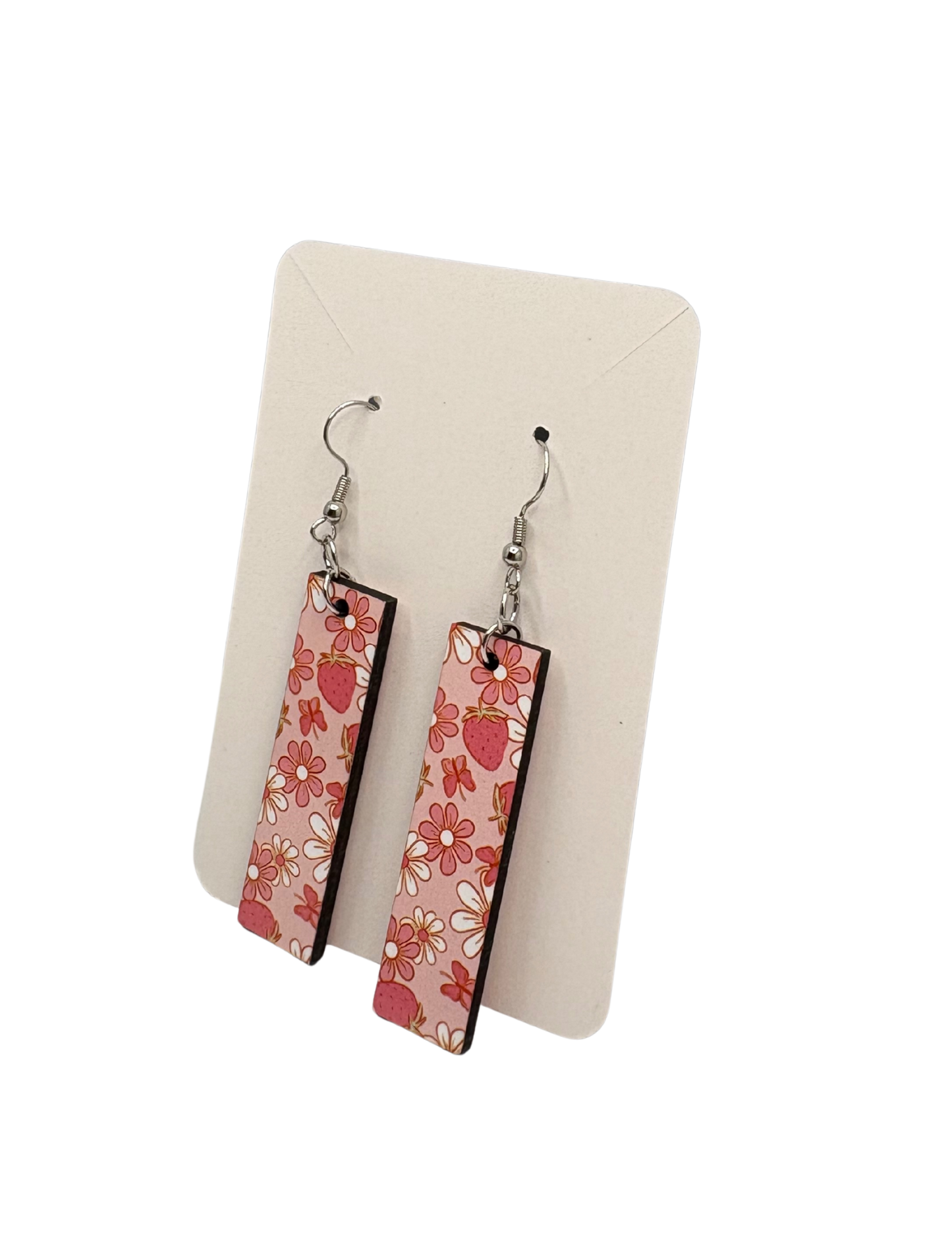 Pink and White Strawberry Floral Butterfly Rectangle Earrings