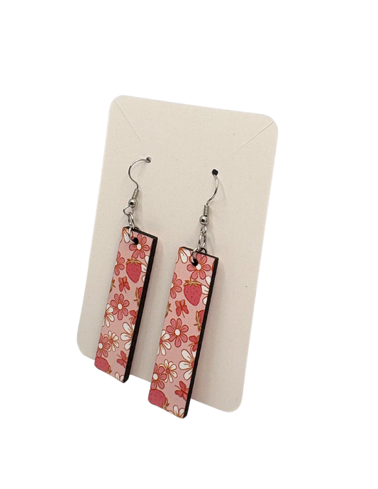 Pink and White Strawberry Floral Butterfly Rectangle Earrings