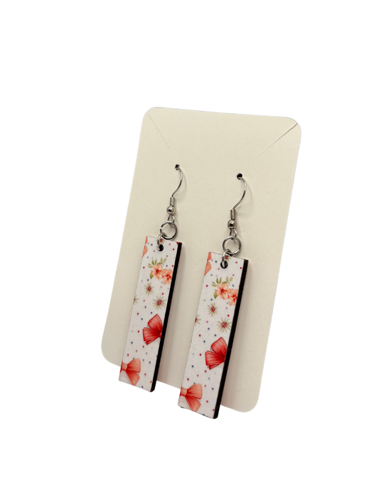 Pink Bow and Flower Rectangle Earrings