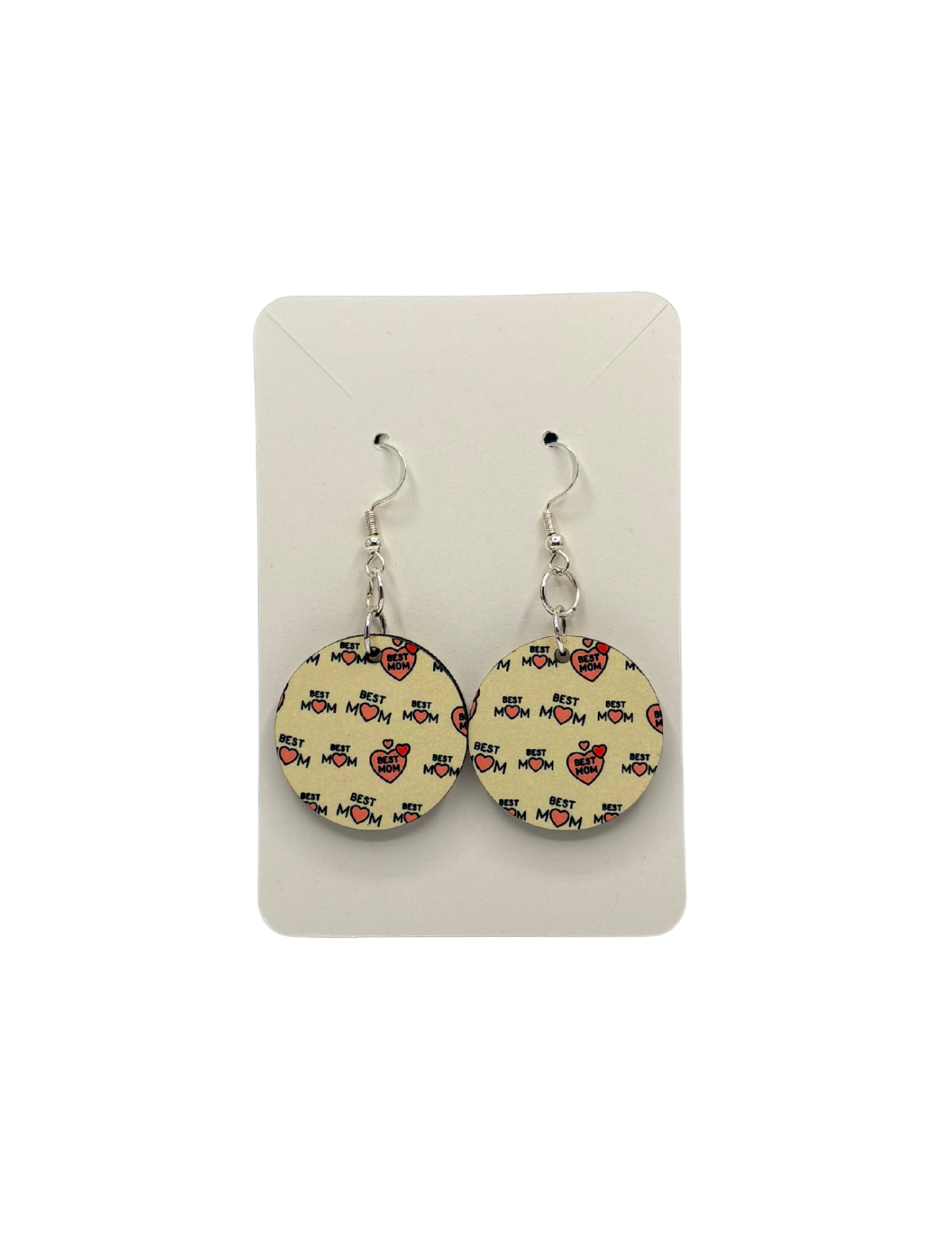 Pink and Tan Best Mom Circle Earrings