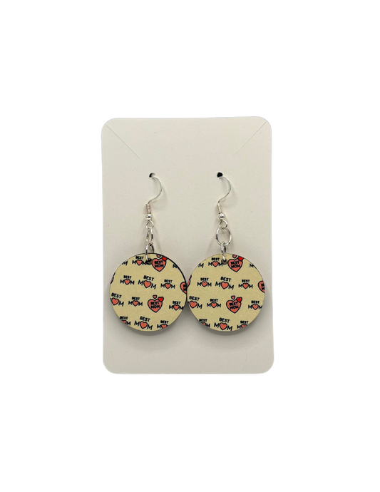 Pink and Tan Best Mom Circle Earrings