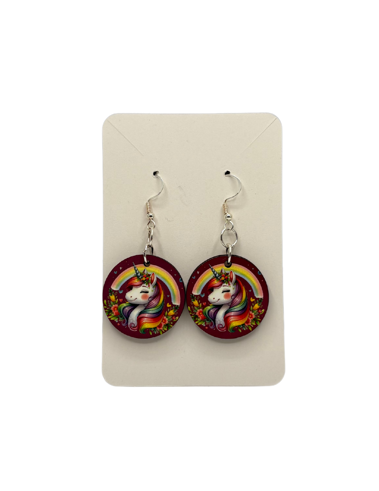 Rainbow Unicorn Circle Earrings Purple Background
