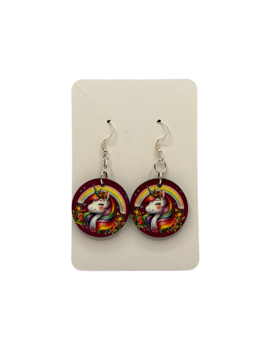 Rainbow Unicorn Circle Earrings Purple Background