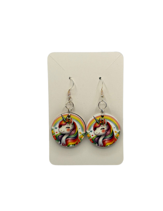Rainbow Unicorn Circle Earrings White Background