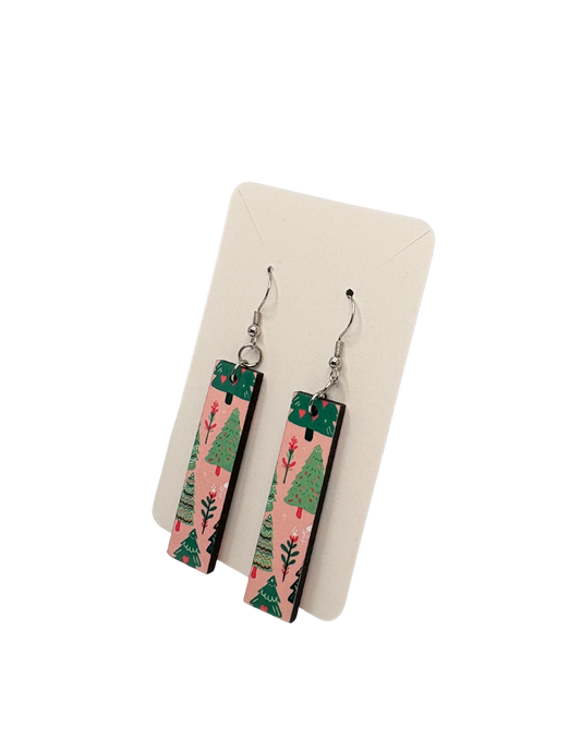 Rectangle Pink Christmas Earrings