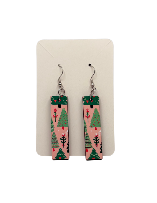 Rectangle Pink Christmas Earrings