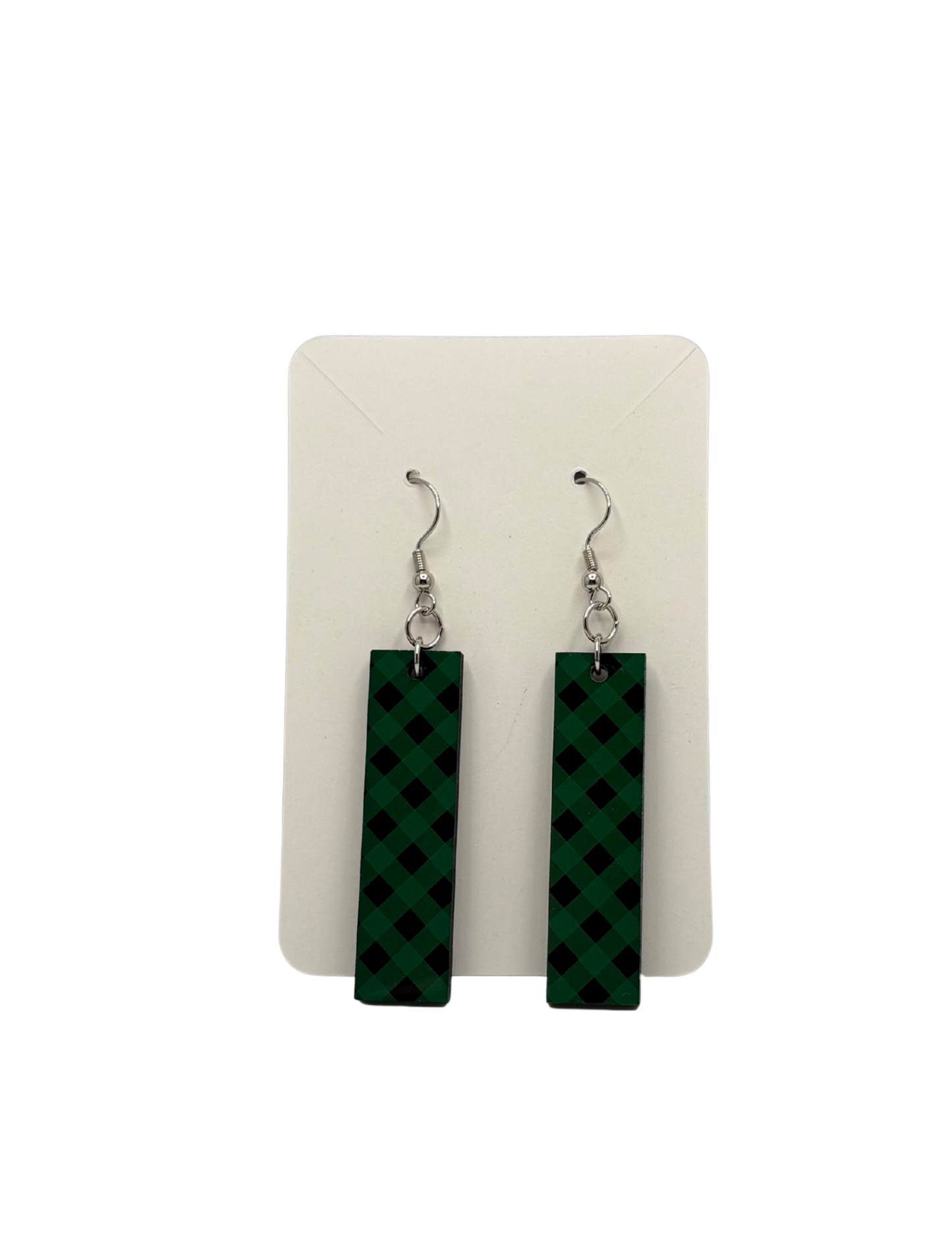 Green and Black Plaid Rectangle Earrings