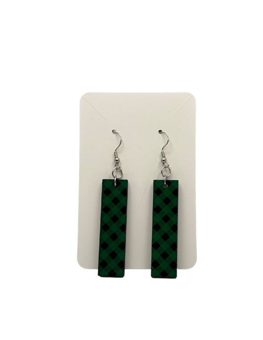 Green and Black Plaid Rectangle Earrings