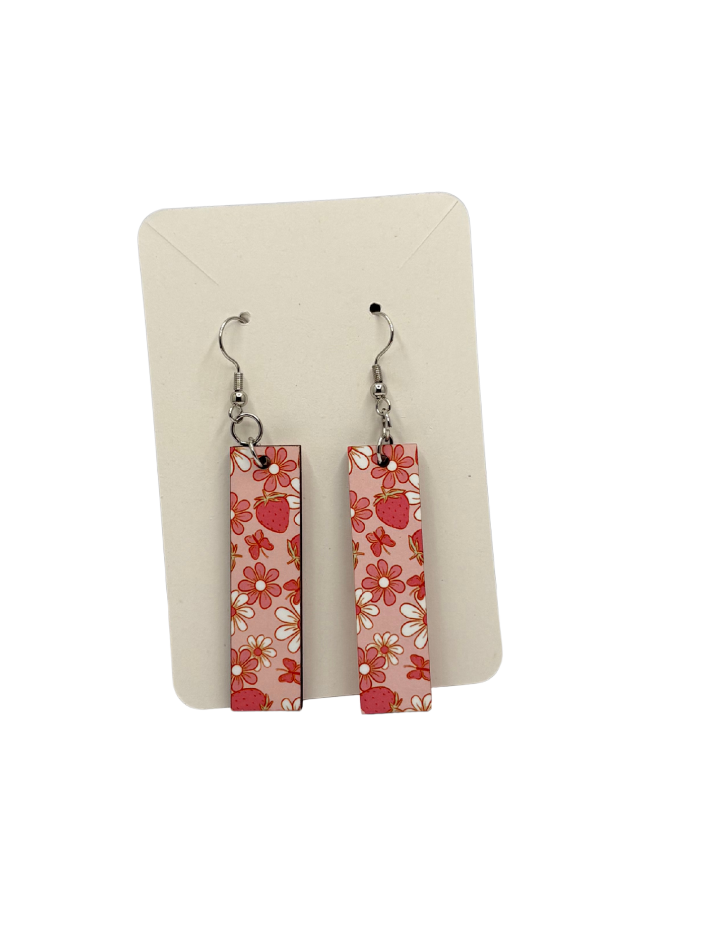 Pink and White Strawberry Floral Butterfly Rectangle Earrings
