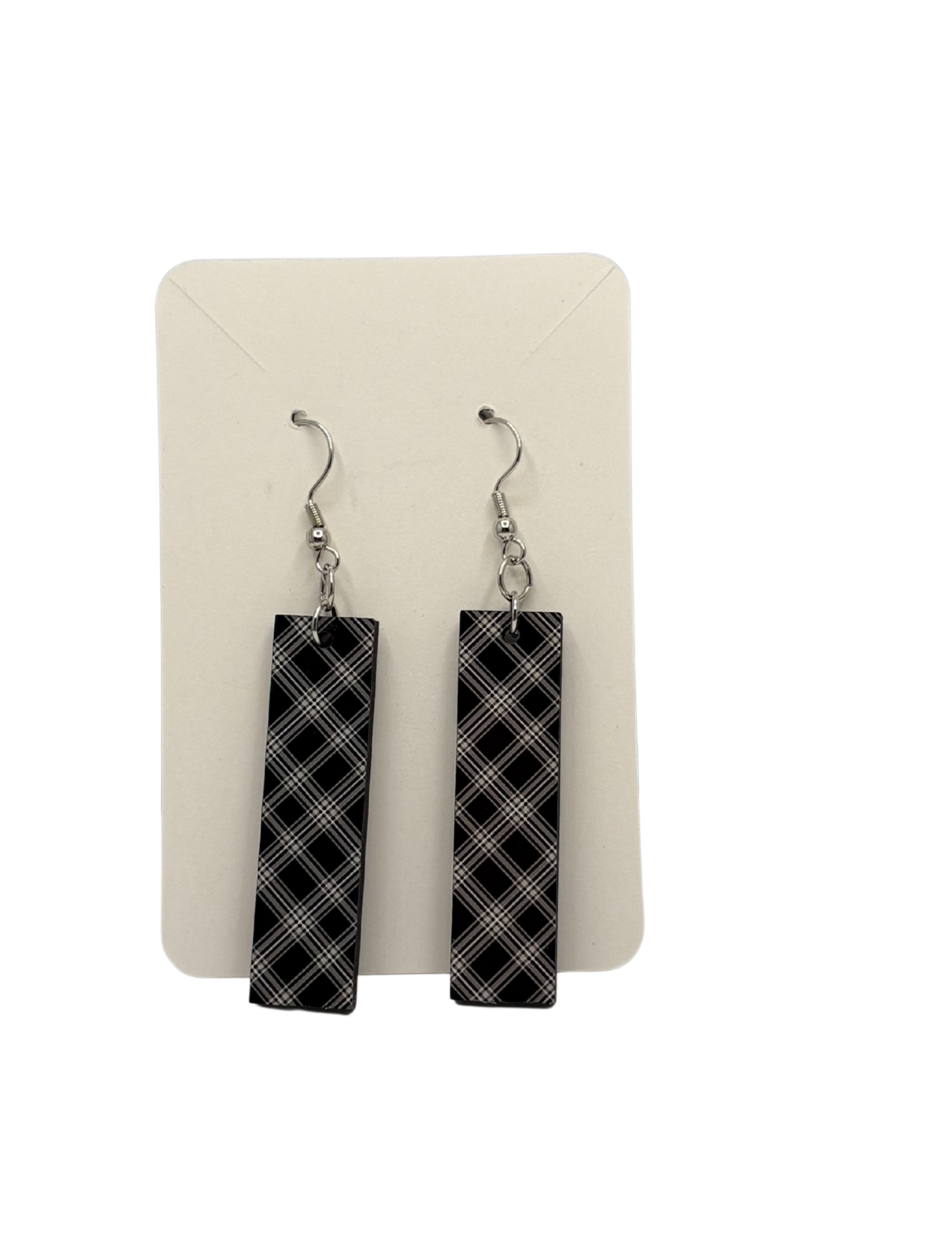 Black and White Plaid Rectangle Earrings