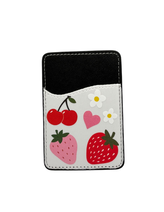 Strawberry and Cherry Adhesive Phone Case Card Holder Black and White