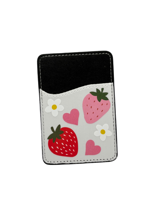 Strawberry and Heart Adhesive Phone Case Card Holder Black and White