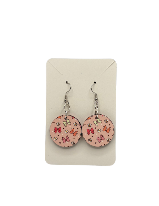 Pink Bow Floral Circle Earrings