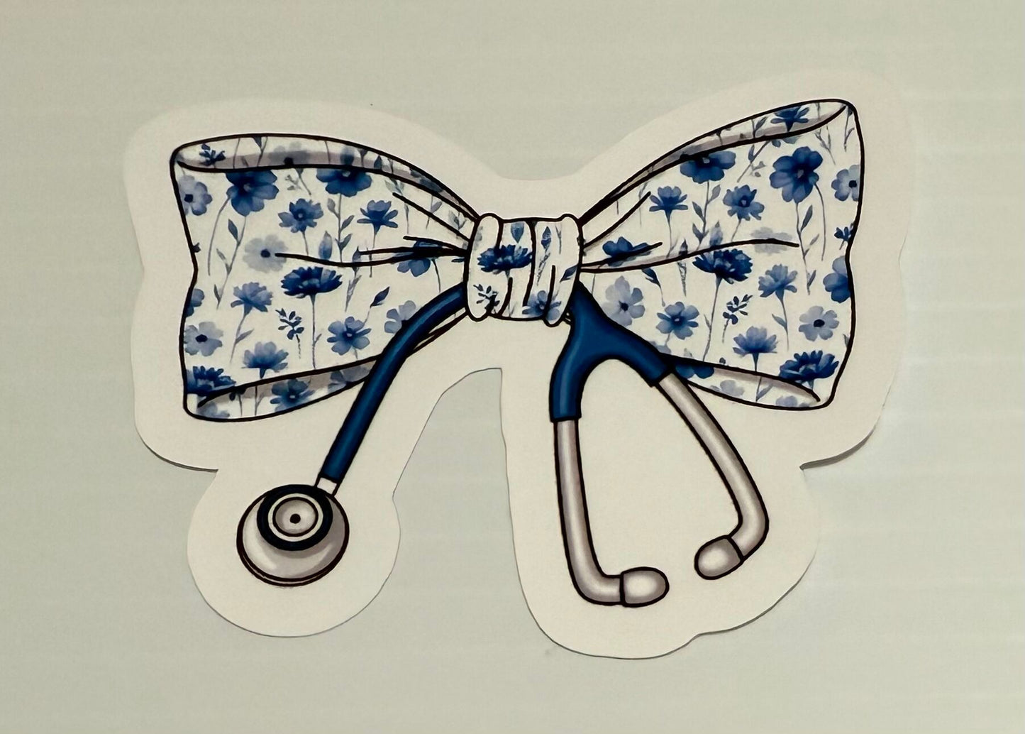 3" Blue Floral Bow Stethoscope Vinyl Sticker (Pack of 2)