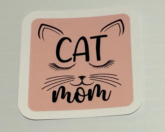 3" Cat Mom Pink Square White Border Vinyl Sticker (Pack of 2)